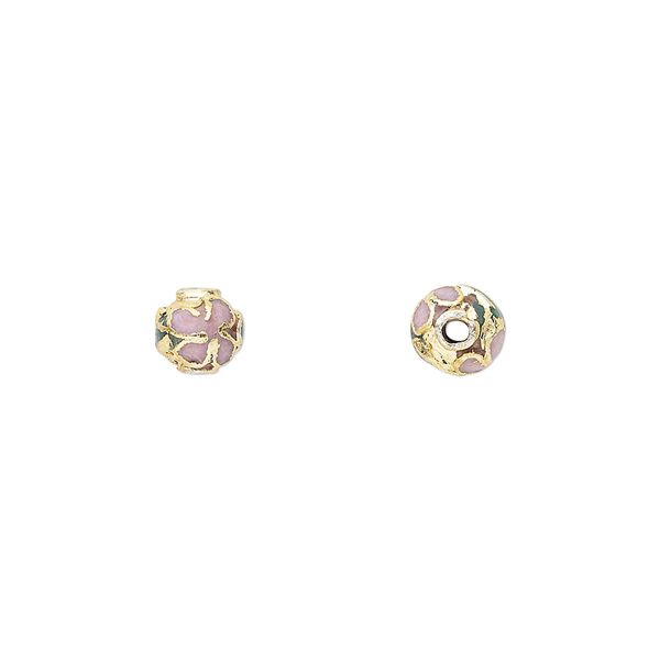 Bead, cloisonné, enamel and gold-finished copper, pink and multicolored, 6mm round with flower design. Sold per pkg of 10. image number 0