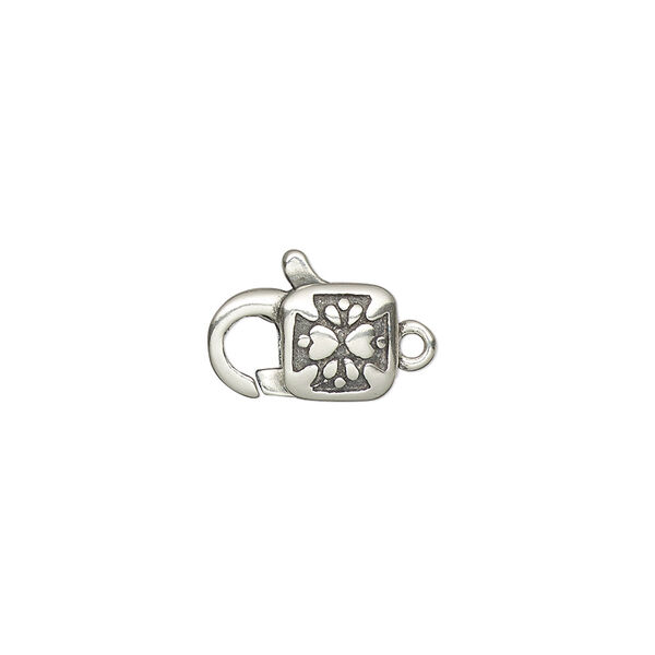 Clasp, lobster claw, antiqued sterling silver, 13x8mm double-sided with etched cross design. Sold individually. image number 0