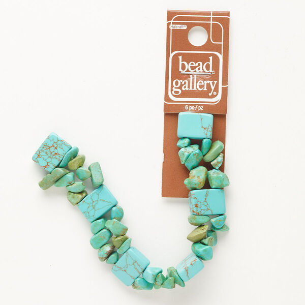 Bead, "howlite" (resin) (imitation), pkg/6 inches, turquoise blue, 14x10mm flat rectangle and small-to-large chip. image number 0