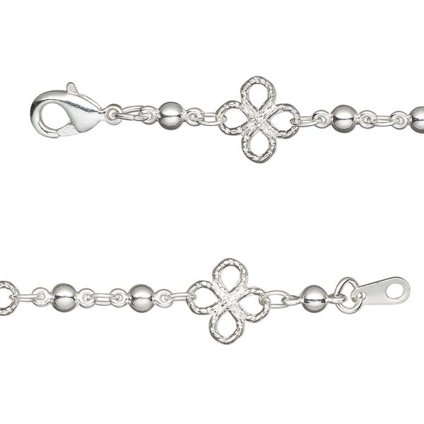 Chain, silver-plated brass, 8mm clover with 3mm bead, 20 inches with lobster claw clasp. Sold individually. image number 0