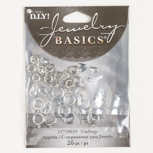 Clasp assortment, springring, steel, pkg/26, 6-9mm round with chain tab, silver finish. image number 0