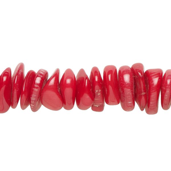 Bead, coral (dyed), red, 6x2mm-18x5mm hand-cut heishi, Mohs hardness 3-1/2 to 4. Sold per 15-1/2" to 16" strand. image number 0