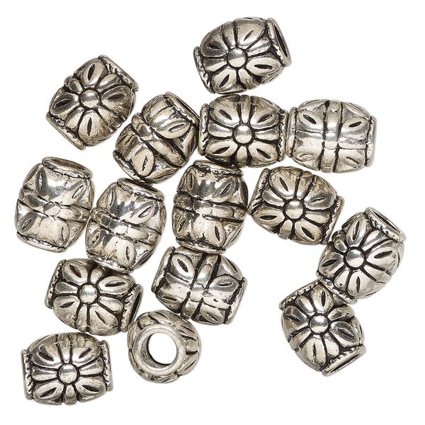 Bead, antique silver-finished "pewter" (zinc-based alloy), 10x9mm barrel. Sold per pkg of 15. image number 0