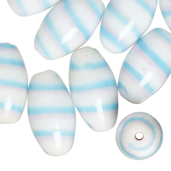 Bead, lampworked glass, opaque sky blue / pink / white, 20x11mm oval. Sold per pkg of 10. image number 0