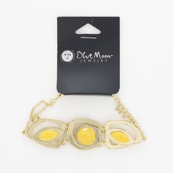 Bracelet, gold-finished "pewter" (zinc-based alloy) / steel / acrylic, yellow, 26mm wide, 6 inches with 2-inch extender chain and lobster claw clasp. Sold individually. image number 0
