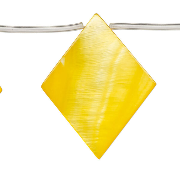 Bead, mother-of-pearl shell (dyed), yellow-orange, 35x4mm-37x8mm top-drilled flat diamond, Mohs hardness 3-1/2. Sold per 14-inch strand, approximately 10 beads. image number 0