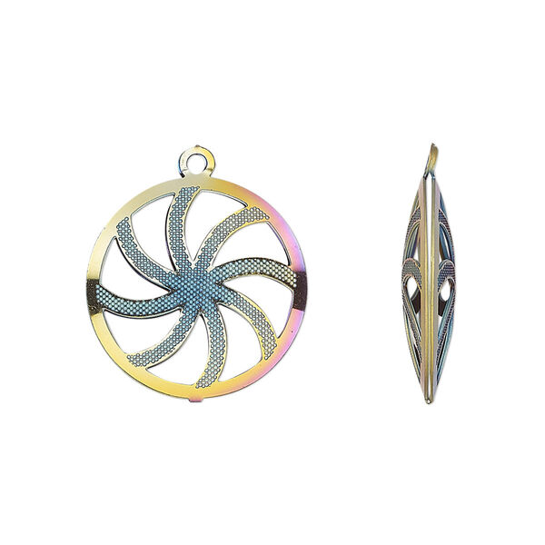 Drop, electro-coated stainless steel, rainbow, 18mm double-sided domed round with textured cut-out swirl design. Sold per pkg of 6. image number 0