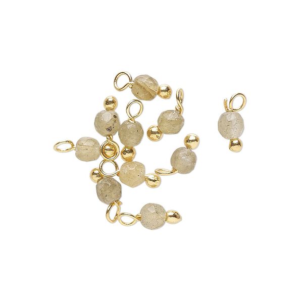 Drop, labradorite (natural) and gold-finished brass, 3x2mm with 2mm faceted round. Sold per pkg of 10. image number 0