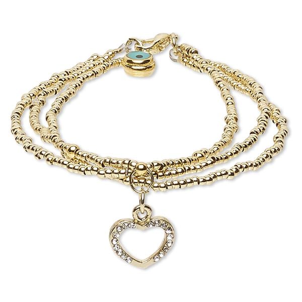 Bracelet, 3-strand, resin / glass rhinestone / gold-finished steel / brass / "pewter" (zinc-based alloy), teal / black / clear, 12mm wide with 13x10mm open heart, 7 inches with lobster claw clasp. Sold individually. image number 0