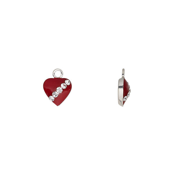 Charm, enamel / glass / sterling silver, red and clear, 7x7mm single-sided heart. Sold individually. image number 0