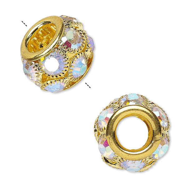 Bead, Egyptian glass rhinestone and gold-finished "pewter" (zinc-based alloy), clear AB, 18x12mm rondelle with 8mm hole. Sold individually. image number 0