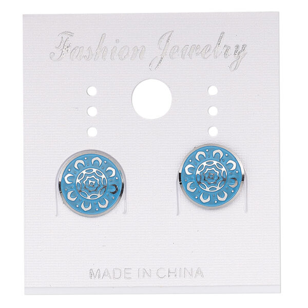 Earstud, stainless steel, blue patina, 10mm round with sunflower design and comfort clutch. Sold per pair. image number 0