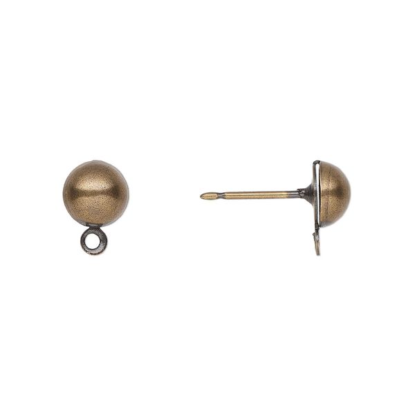 Earstud 1pkg100 antique gold-plated, 6mm half-ball / closed loop, brass / stainless steel 50 pair image number 0