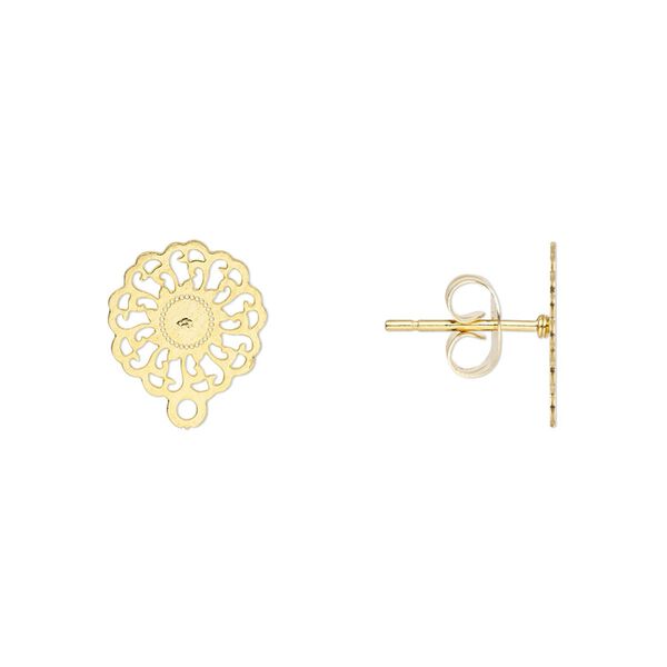 Earstud Lazer Lace™ 1pkg8, 11mm flower / closed loop / cutout design / earnuts, gold-finished stainless steel 4 pair image number 0