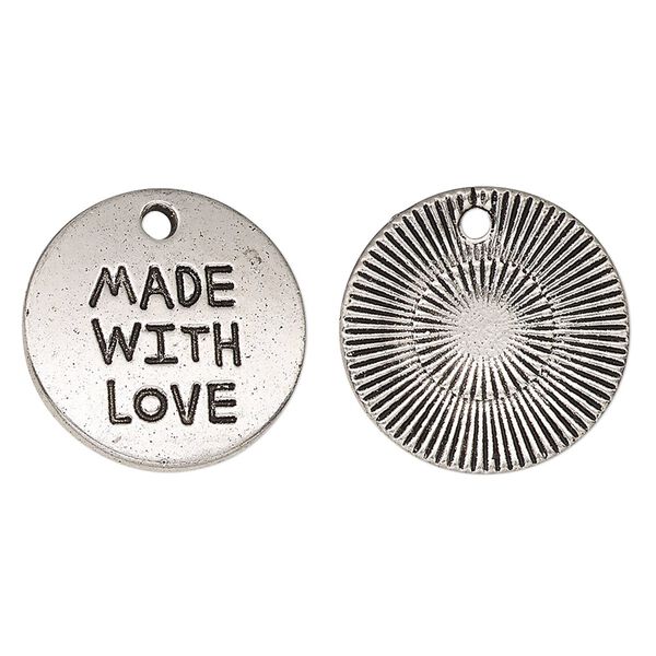 Drop, antique silver-finished "pewter" (zinc-based alloy), 19mm single-sided flat round with "MADE WITH LOVE." Sold per pkg of 2. image number 0