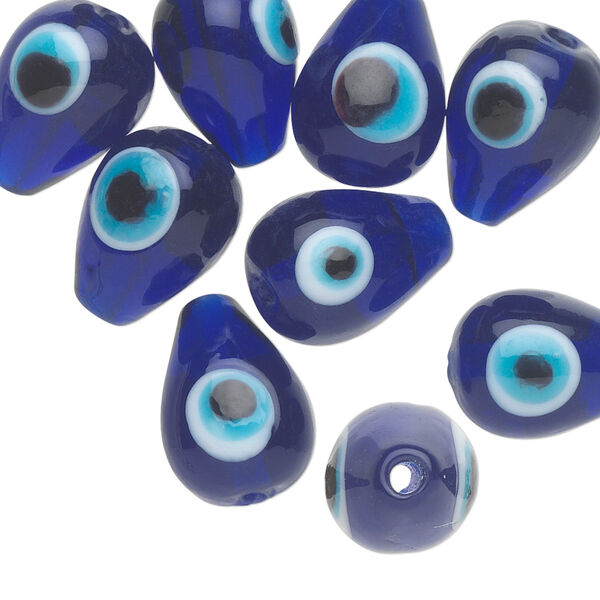 Bead, lampworked glass, opaque multicolored, 15x11mm double-sided teardrop with wards off the evil eye design. Sold per pkg of 10. image number 0