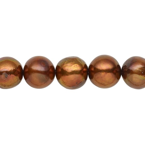 Pearl, cultured freshwater (dyed), copper, 9-11mm semi-round with 0.4mm hole, C grade, Mohs hardness 2-1/2 to 4. Sold per 15-inch strand. image number 0