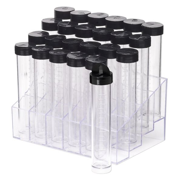 Display, acrylic, clear, 5-3/4x3-3/4 inch rectangle rack with 24 clear 4x3/4 inch wide vials with black twist-on caps with hang-tabs. Sold per set. image number 0