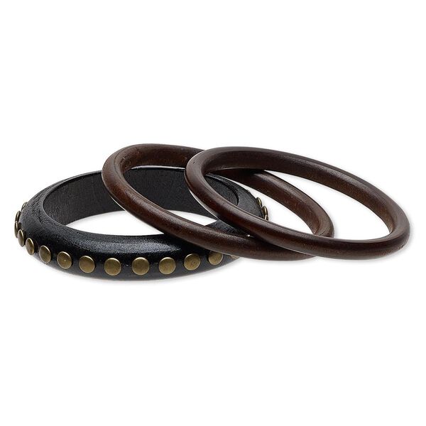 Bracelet, bangle, antique gold-coated plastic with painted and stained wood, black and brown, (1) 16mm wide with round studs and (2) 8mm wide, 8 inches. Sold per pkg of 3. image number 0