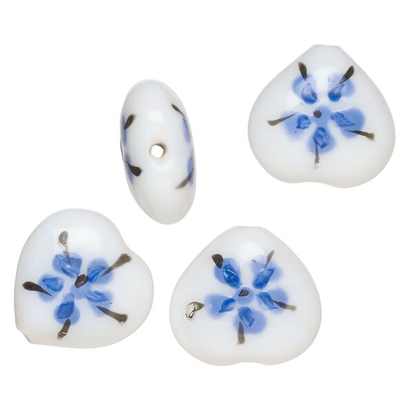 Bead, lampworked glass, opaque white / black / blue, 17-16mm puffed heart with double-sided painted flower design. Sold per pkg of 4. image number 0