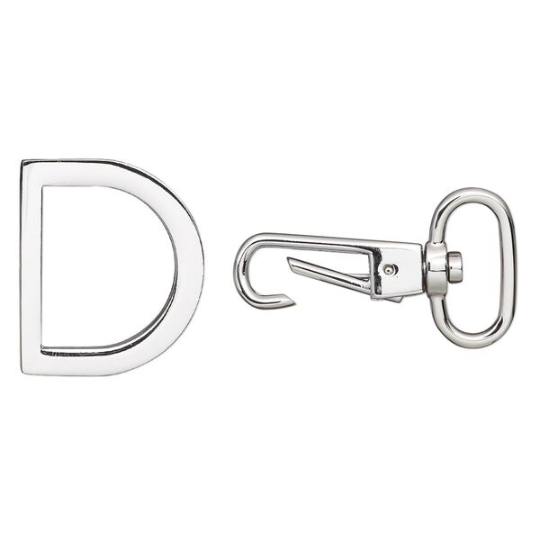Clasp, D-ring, imitation rhodium-plated "pewter" (zinc-based alloy), 57x32mm with swivel. Sold individually. image number 0