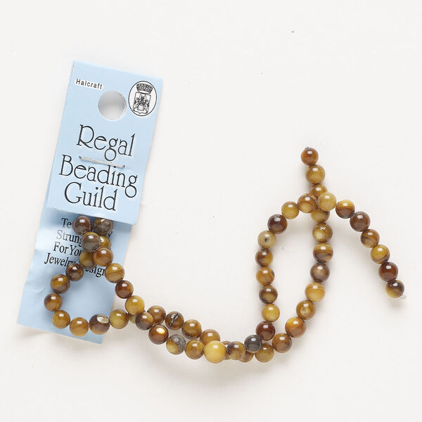 Bead, mother-of-pearl shell (dyed), brown, 5-6mm round, Mohs hardness 3-1/2. Sold per 12-inch strand, approximately 55 beads. image number 0