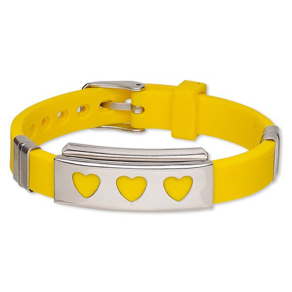Bracelet, Softique™, silicone and stainless steel, yellow, 16mm wide with 39x16mm rectangle and cutout hearts, adjustable from 5-1/2 to 7-1/2 inches with buckle-style closure. Sold individually. image number 0