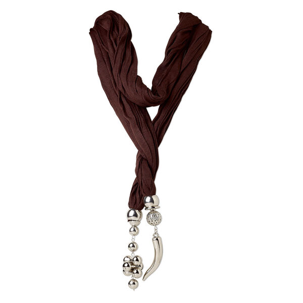 Scarf necklace, cotton / polyester / silver-coated plastic, brown, 63x13mm chili pepper, 76-inch continuous loop. Sold individually. image number 0