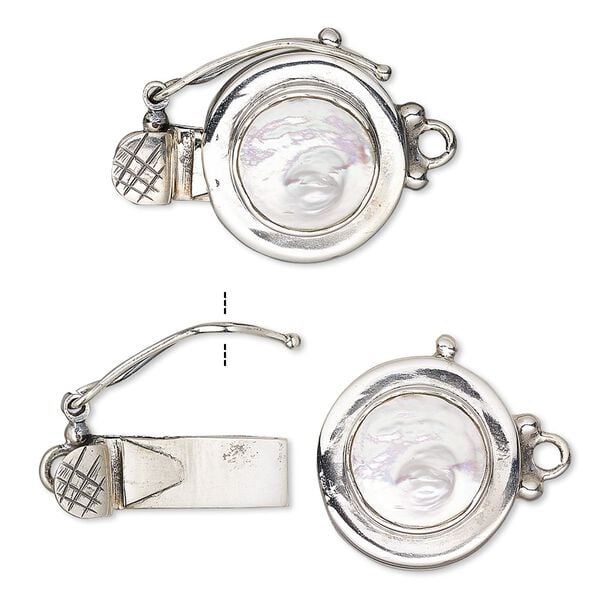 Clasp, tab with safety, cultured freshwater pearl (bleached) and sterling silver, white, 15mm round with round cabochon. Sold individually. image number 0