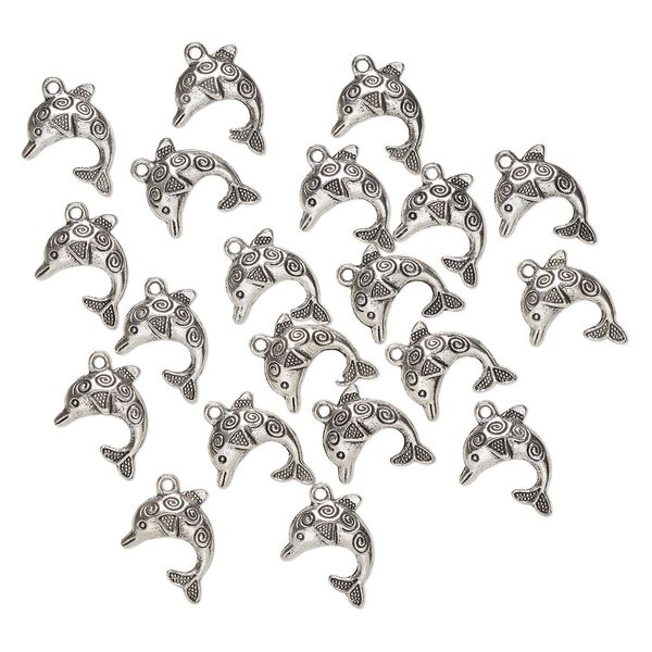 Charm, "pewter" (zinc-based alloy), pkg/20, 27x22mm single-sided dolphin with swirl, antique silver finish. image number 0
