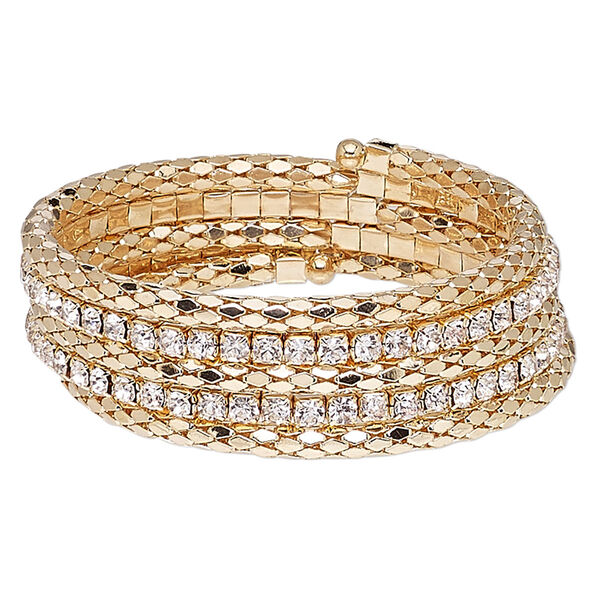 Bracelet, glass rhinestone with steel memory wire and gold-finished steel, clear, 20mm wide with cupchain and rounded diamond, adjustable from 6-1/2 to 7-1/2 inches. Sold individually. image number 0