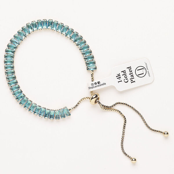 Bracelet, adjustable, brass / glass / silicone, pkg/1, 6 to 10 inches, gold plate and aquamarine. image number 0