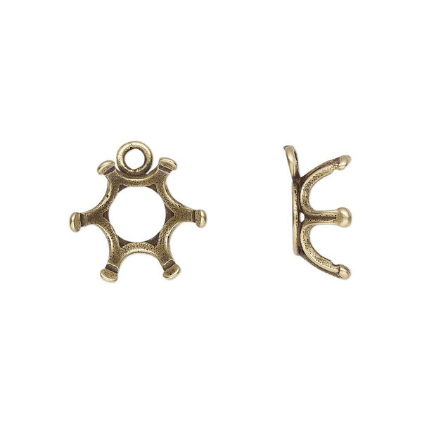 Drop, JBB Findings, antique brass-plated brass, 14mm round with open back and 6-prong 12mm rivoli setting. Sold per pkg of 2. image number 0