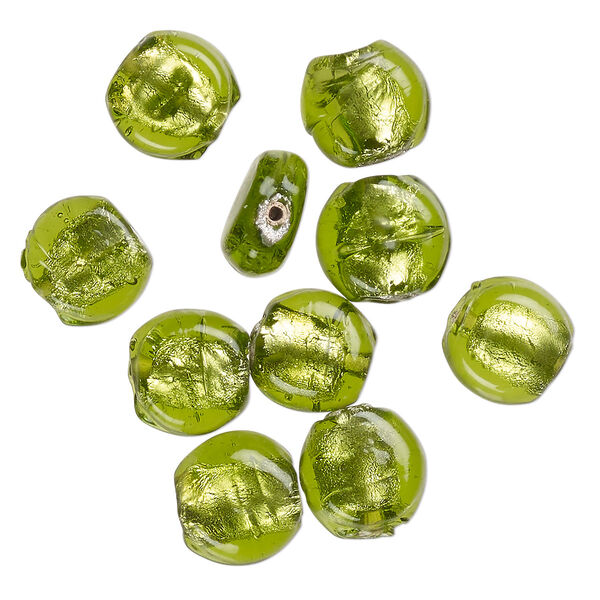 Bead, lampworked glass, opaque peridot green, 12x7mm-10x6mm flat round with silver-colored foil. Sold per pkg of 10. image number 0