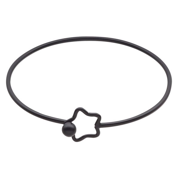 Bracelet, bangle, black-finished brass, 2mm wide, 7-1/2 inches with 16mm open star and hook closure. Sold individually. image number 0