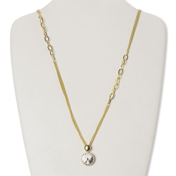 Necklace, cubic zirconia / gold-finished brass / copper / steel, clear, 18mm faceted round, 27 inches with 3-inch extender chain and lobster claw clasp. Sold individually. image number 0