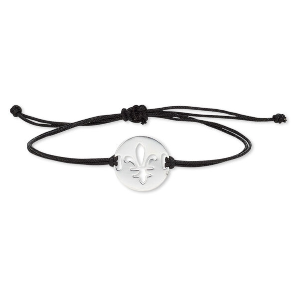 Bracelet, waxed cotton cord and sterling silver, black, 19mm round with cutout fleur-de-lis, adjustable from 6 to 9-1/2 inches with macramé knot closure. Sold individually. image number 0