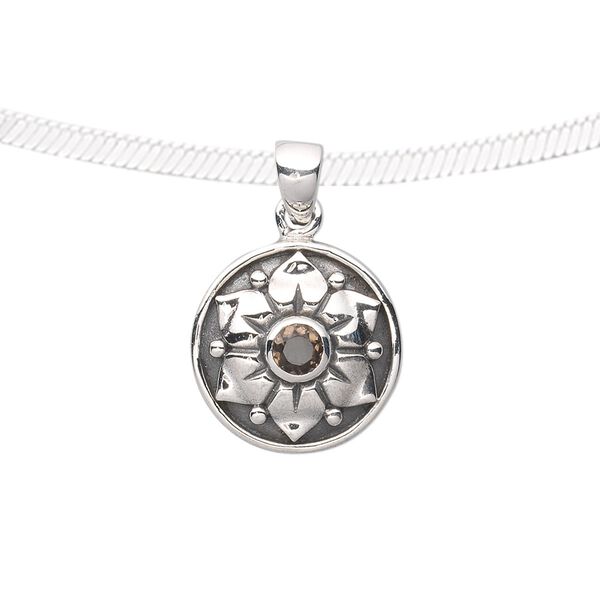 Pendant, Create Compliments®. smoky quartz (heated / irradiated) and antiqued sterling silver, 26x17mm fancy flat round with 5mm round. Sold individually. image number 0