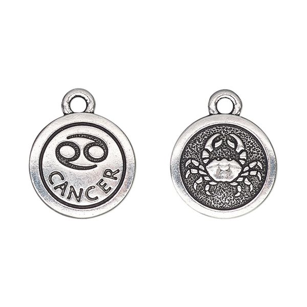 Charm, TierraCast®, antique silver-plated pewter (tin-based alloy), 15mm two-sided flat round with Cancer zodiac sign and symbol. Sold per pkg of 20. image number 0