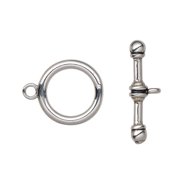 Clasp, toggle, enamel and stainless steel, black, 16mm round. Sold individually. image number 0