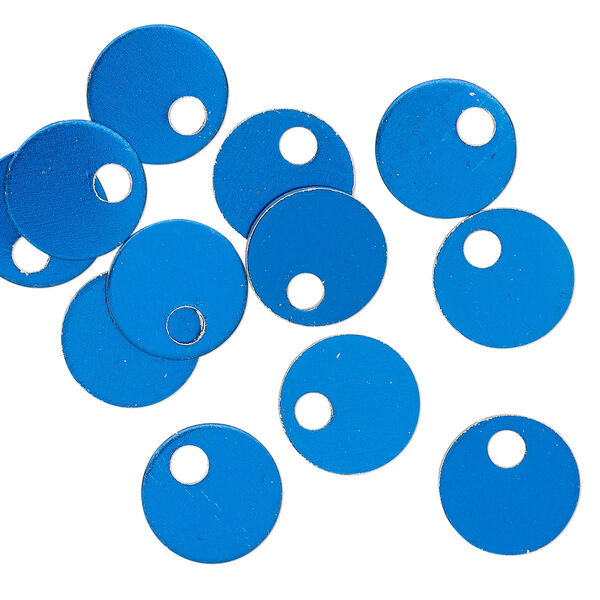 Drop, anodized aluminum, blue, 9mm double-sided flat round blank with 2mm hole, 20 gauge. Sold per pkg of 20. image number 0