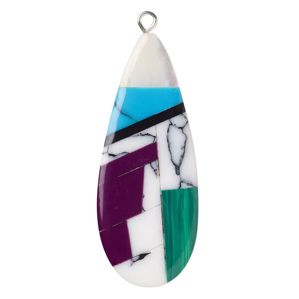Focal, mother-of-pearl shell / resin / silver-finished copper, purple / green / white, 42x18mm single-sided flat teardrop. Sold individually. image number 0