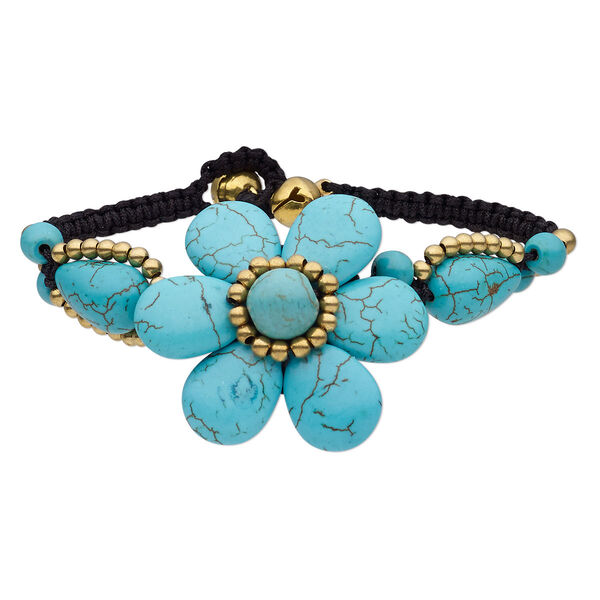 Bracelet, magnesite (dyed / stabilized) / waxed cotton cord / brass / brass-plated steel, black and blue, 40mm wide with flower and bells, adjustable at 6-1/2 and 7 inches with button clasp. Sold individually. image number 0