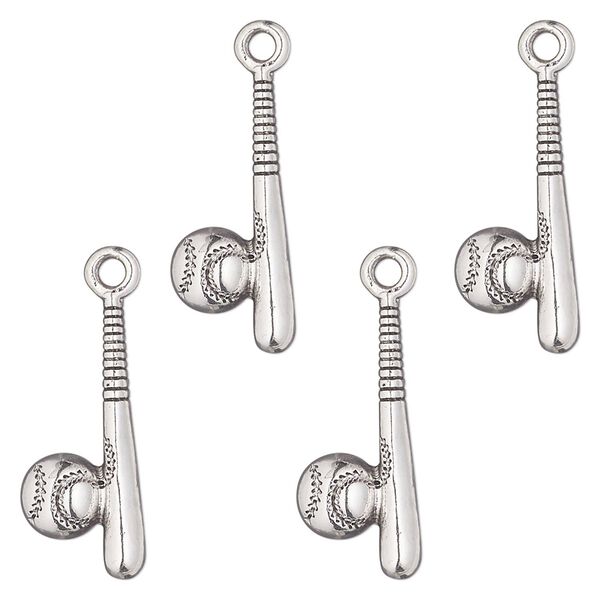Charm, antique silver-finished "pewter" (zinc-based alloy), 25x9mm single-sided baseball bat and ball. Sold per pkg of 4. image number 0