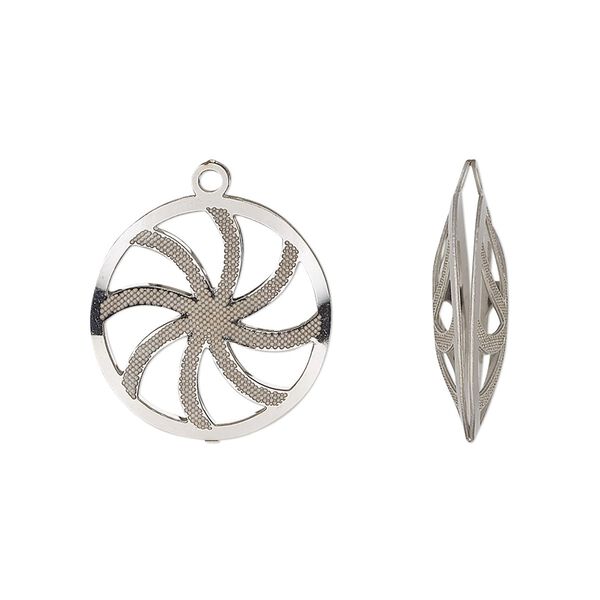 Drop, stainless steel, 18mm double-sided domed round with textured cut-out swirl design. Sold per pkg of 6. image number 0