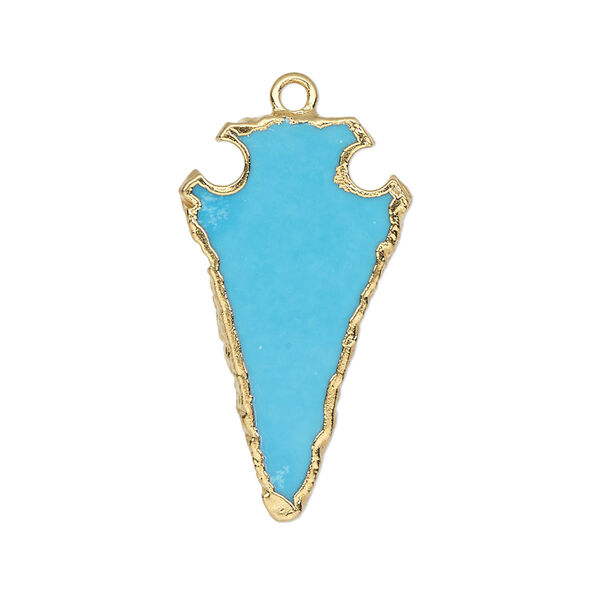 Focal, magnesite (dyed / stabilized) / electroplated gold / gold-finished sterling silver, blue, 30x15mm hand-cut arrowhead. Sold individually. image number 0