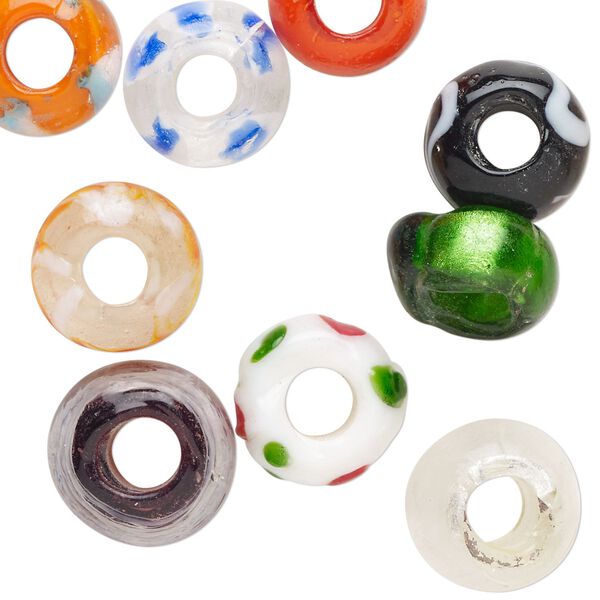 Bead, lampworked glass, opaque and translucent multicolored, 13x8mm-16x11mm large-hole rondelle. Sold per pkg of 10. image number 0