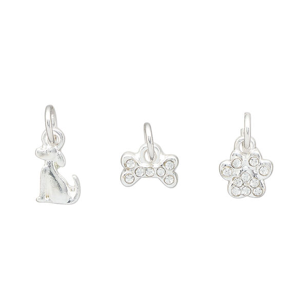 Charm assortment, silver-finished "pewter" (zinc-based alloy) and glass rhinestone, clear, 8x7mm paw print / 8x6mm dog / 8x5mm dog bone. Sold per 3-piece set. image number 0