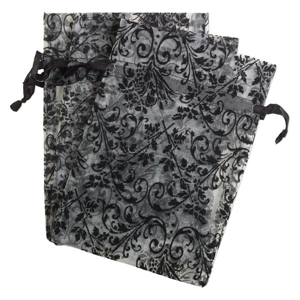 Pouch, satin and flocked organza, grey and black, 7x5-inch rectangle with damask design and drawstring. Sold per pkg of 3. image number 0