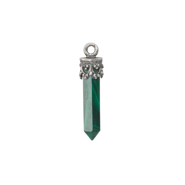 Malachite / sterling silver 1pkg1, hand-cut point drop natural 20x3mm-26x4mm image number 0